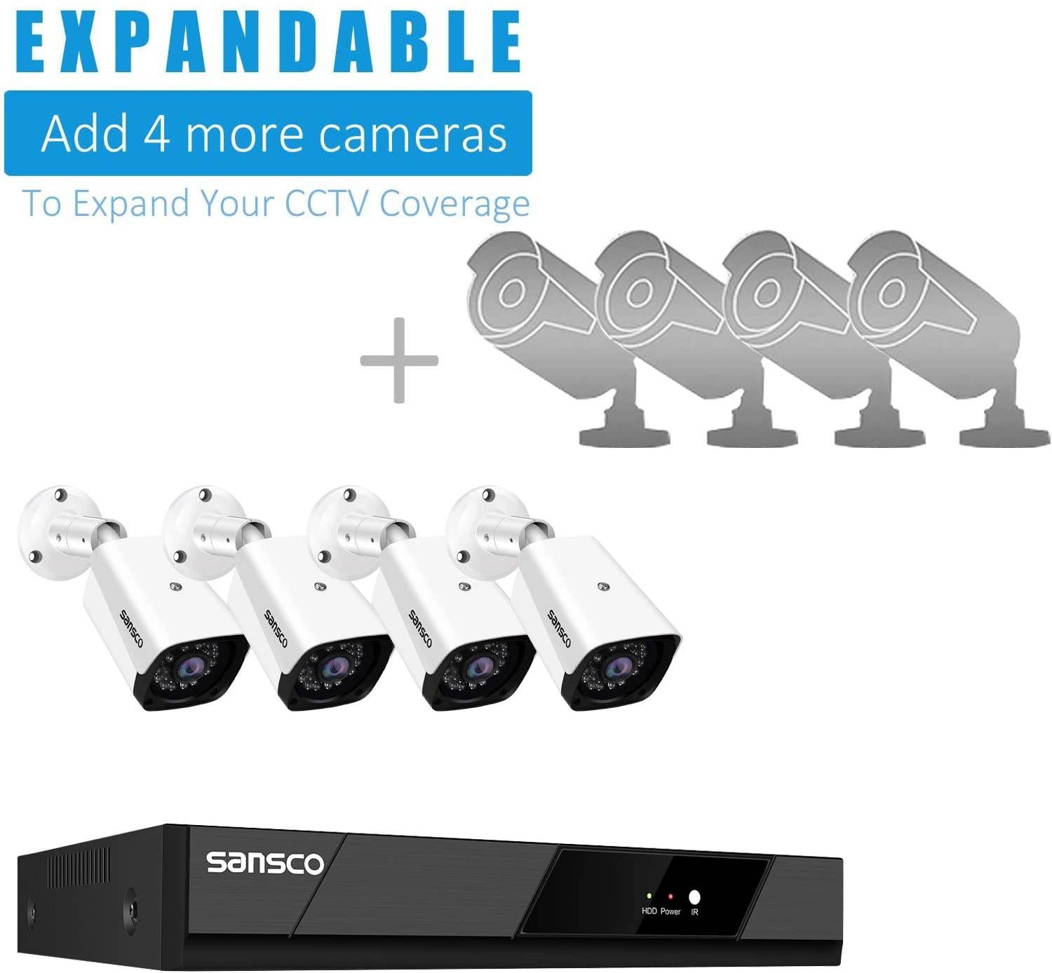 SANSCO 8CH 1080P Security Camera System with 1TB HDD for 24/7 Recording, 4pcs Wired Waterproof 2MP HD Outdoor Cameras, 8 Channel CCTV DVR, Night Vision, Motion and APP Push Alert, Easy Remote Access