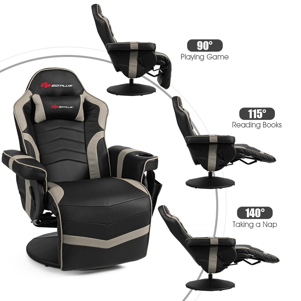 Goplus Massage Gaming Recliner Reclining Racing Chair Swivel Gray