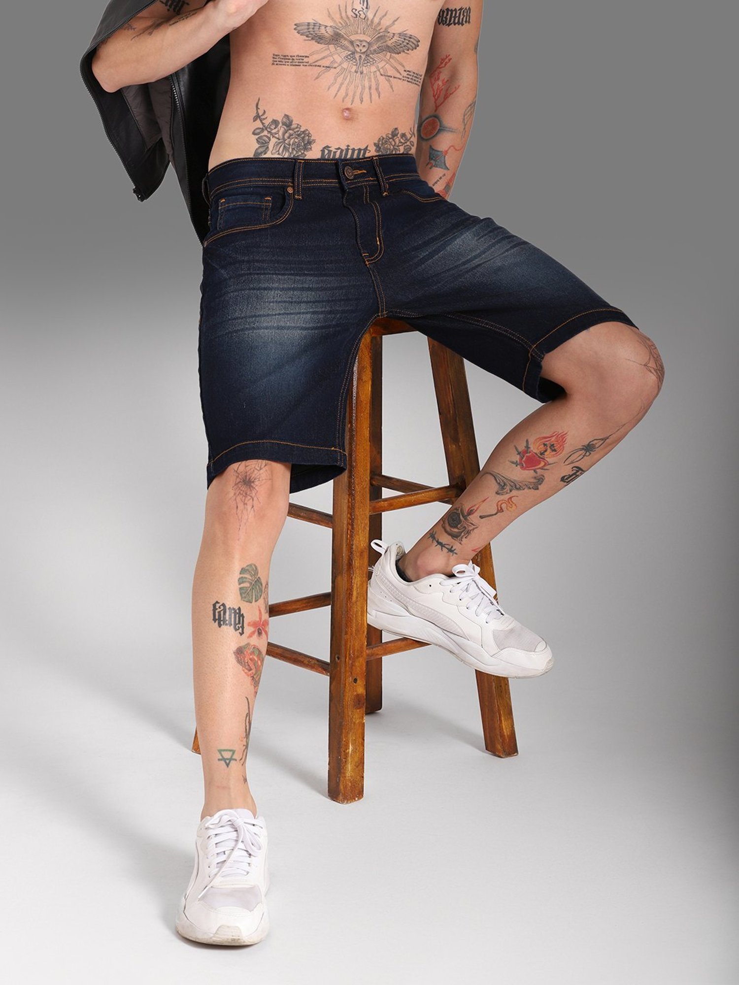 High Star Blue Cotton Regular Fit Denim Shorts