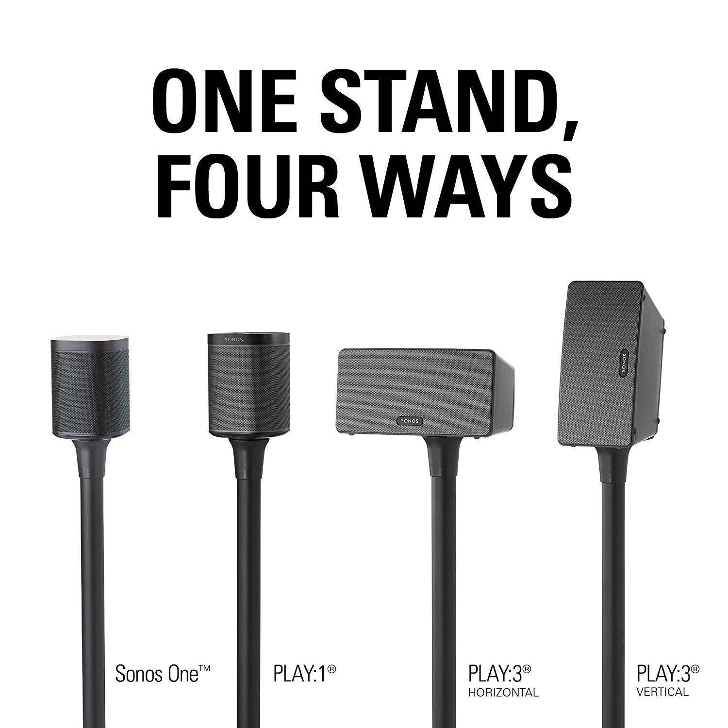 Sanus Wireless Sonos Speaker Stand for Sonos One, Play:1, Play:3 - Audio-Enhancing Design with Built-in Cable Management - Single Stand (Black) - WSS21-B1
