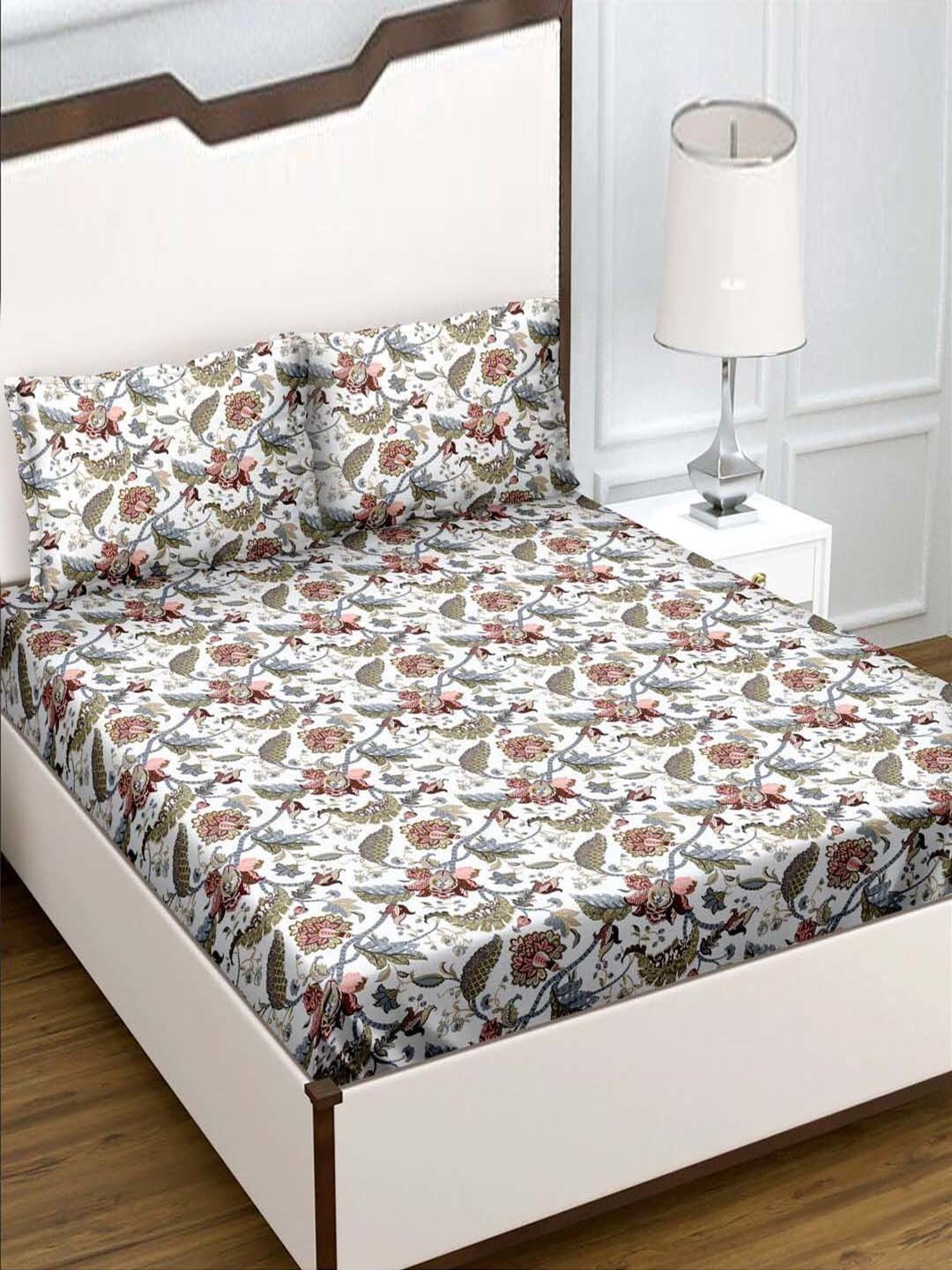 BELLA CASA Genteel Floral Multicolor 180 TC Cotton Bedsheet with 2 Pillow Covers