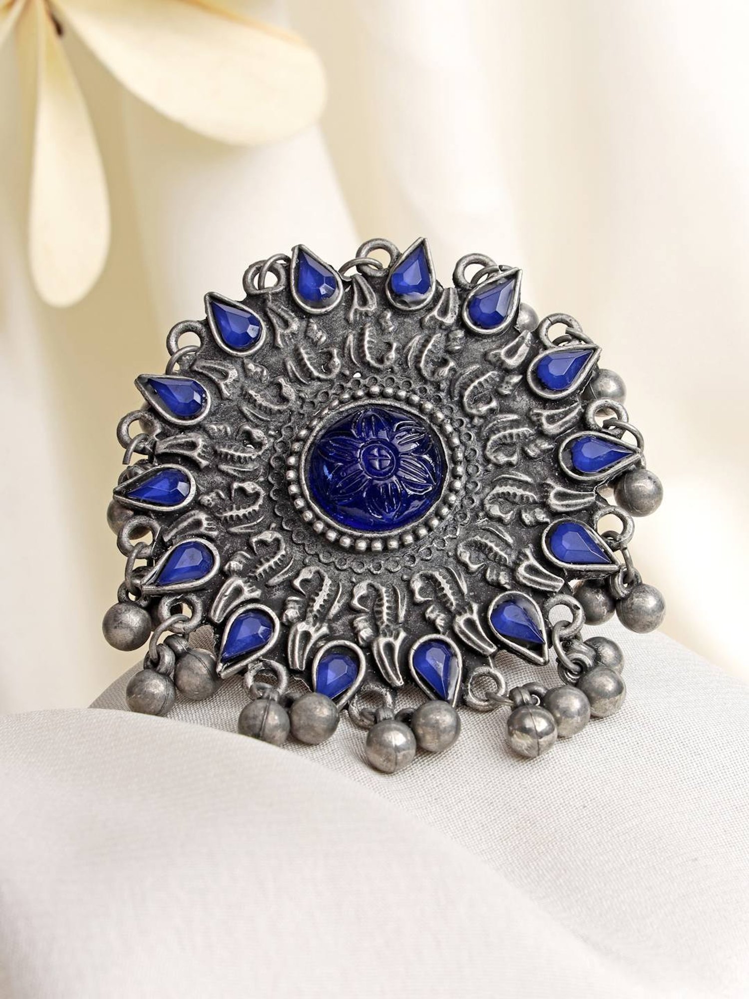 Moedbuille Blue Agate Crystals Studded Filgree Work Oxidised Silver Plated Handcrafted Finger Ring
