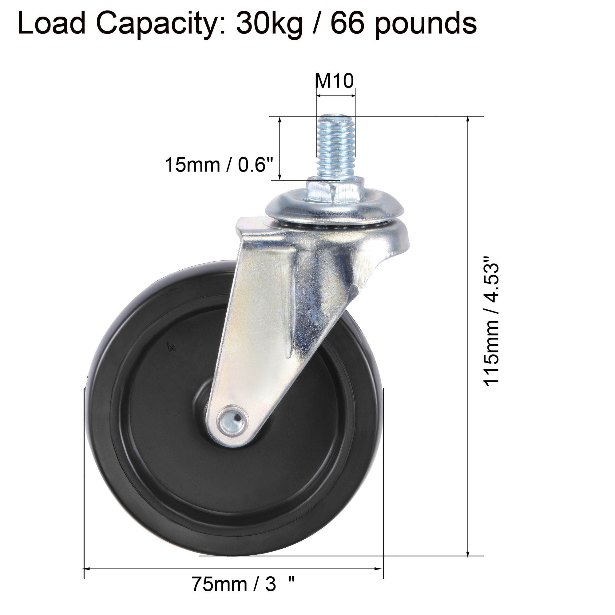 Swivel Stem Caster 3" Diameter 66Lbs Load Capacity, for Workbench Trolley, PU, Black, Pack of 2