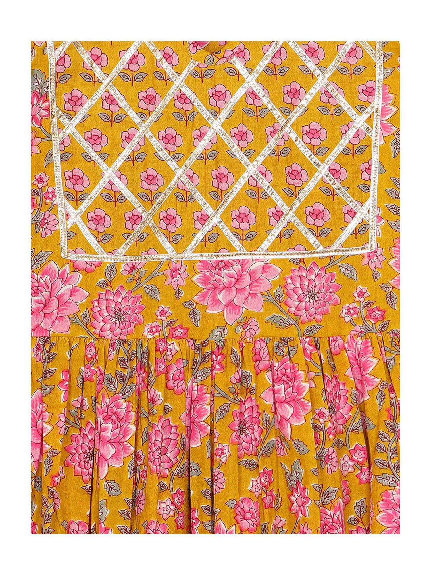 Budding Bees Girls Mustard & Pink Floral Print Top, Sharara & Scrunchies