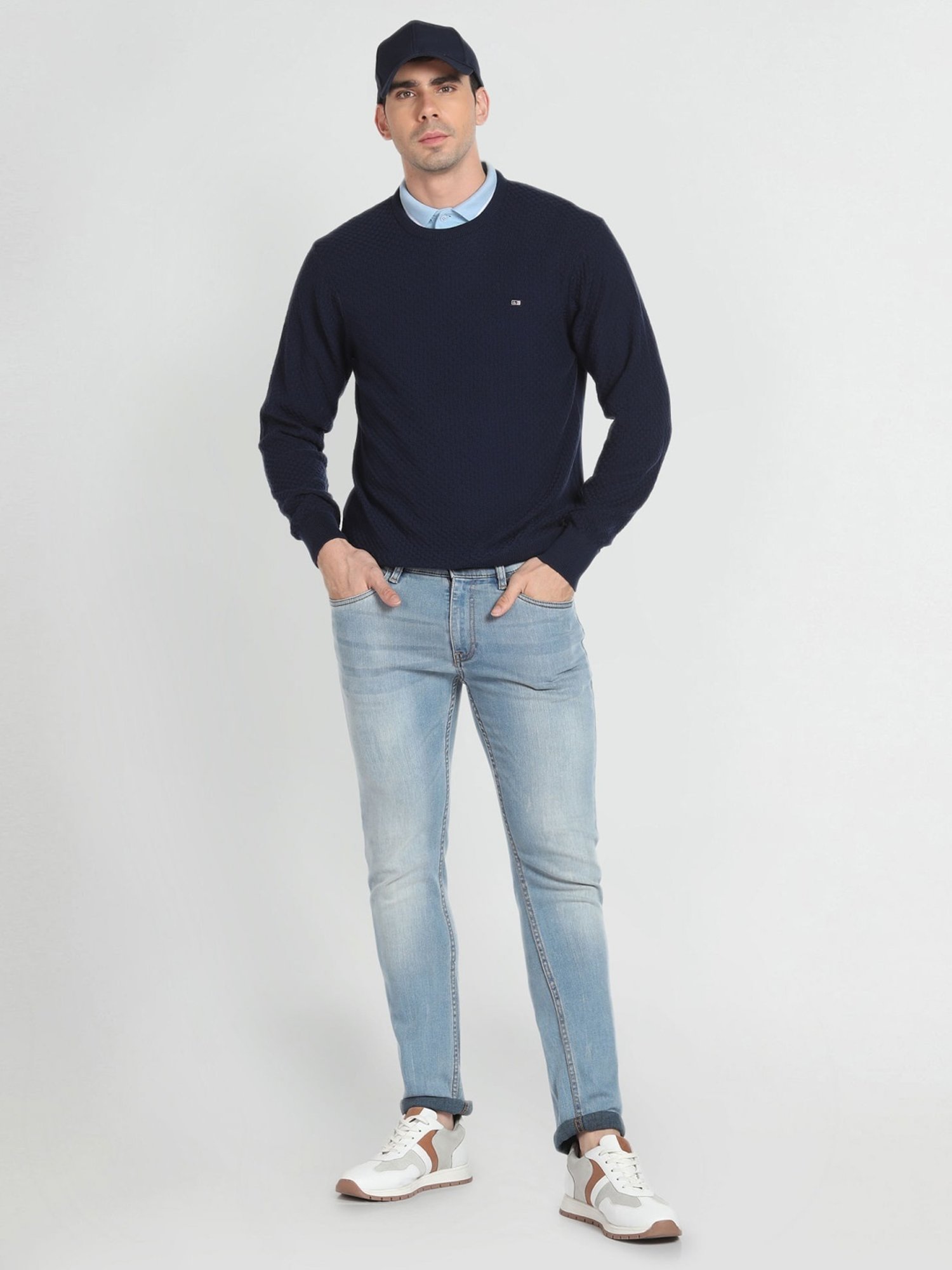 Arrow Sport Navy Blue Cotton Regular Fit Self Pattern Sweater