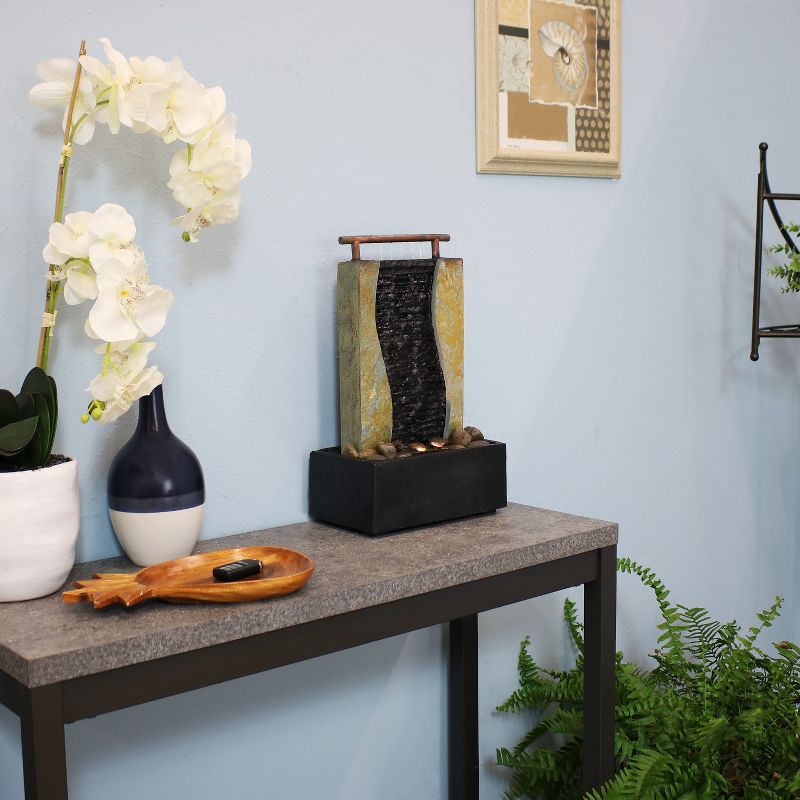 Sunnydaze Indoor Relaxing Home Office Bending Slate Tabletop Water Fountain with LED Light - 17" - Black