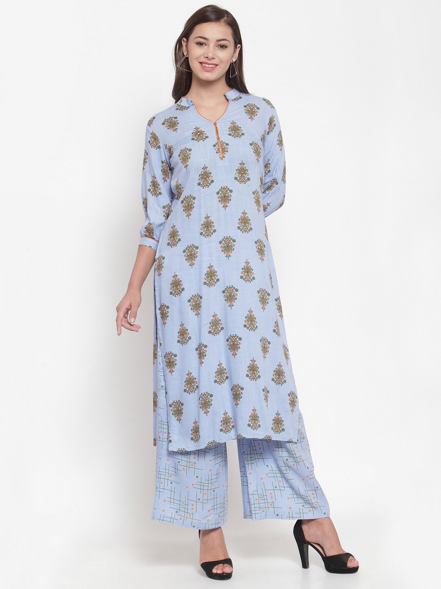 Indibelle Blue Cotton Floral Print Straight Kurta
