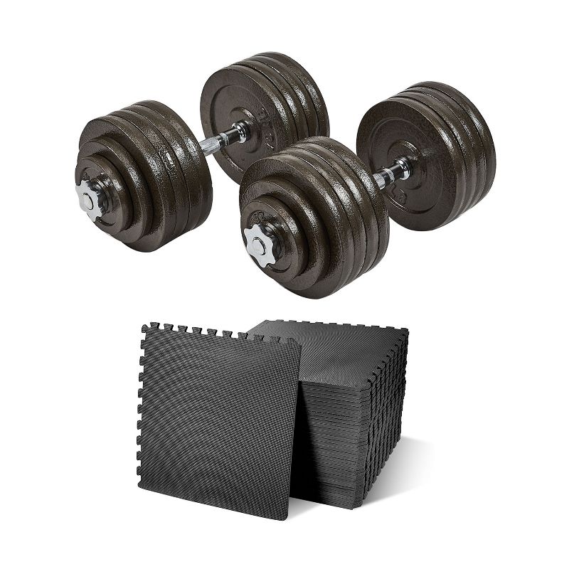 Sporzon! 200 Pound Adjustable Free Weight Dumbbell Set with Cast Iron Plates, and 1/2 Inch Floor Exercise Mat, 144 Sq Ft, Black