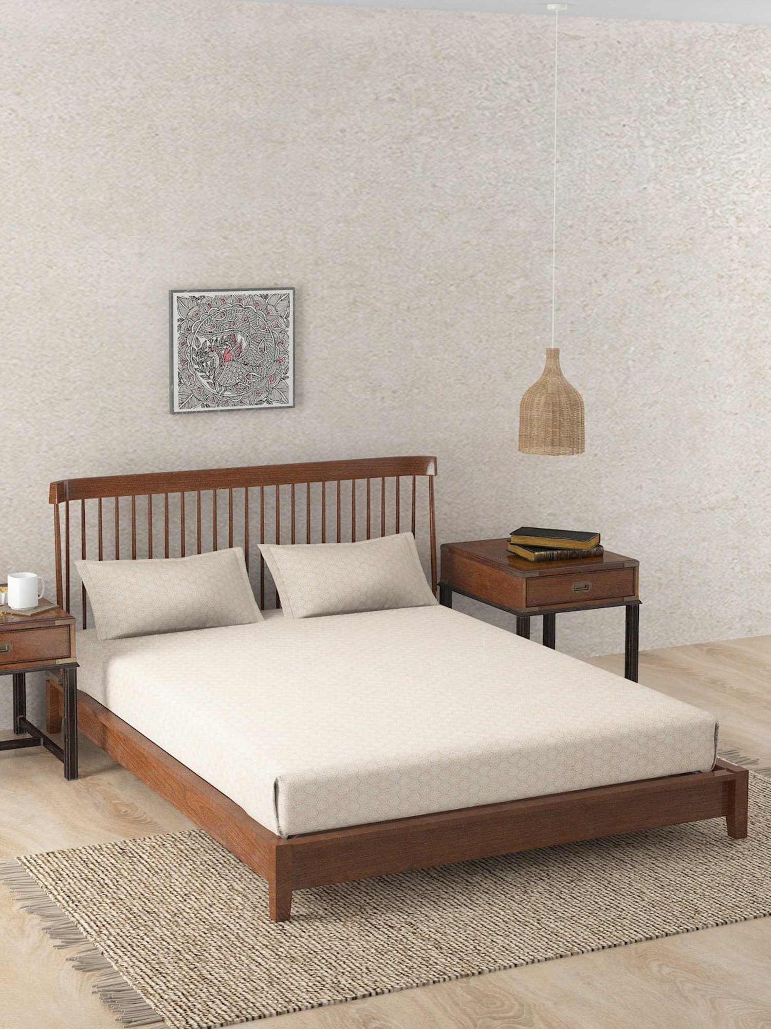 Fabindia Home Mihira Block Print Off White 180 TC Cotton Single Size Bed Sheet with 2 Pillow Covers