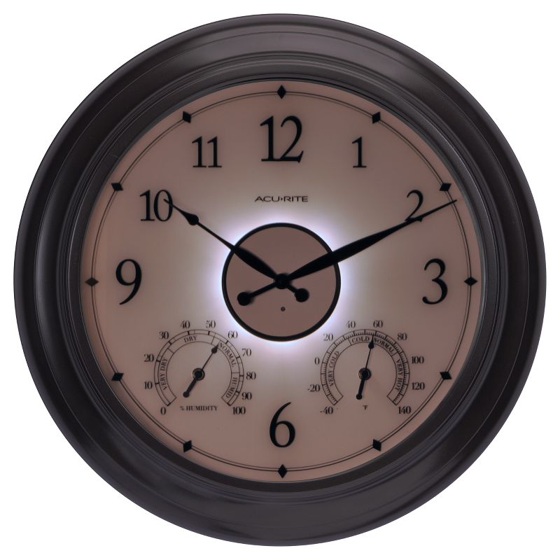 24" Metal Outdoor / Indoor Wall Clock with Illuminated Face, Thermometer and Humidity - Bronze Finish  - Acurite