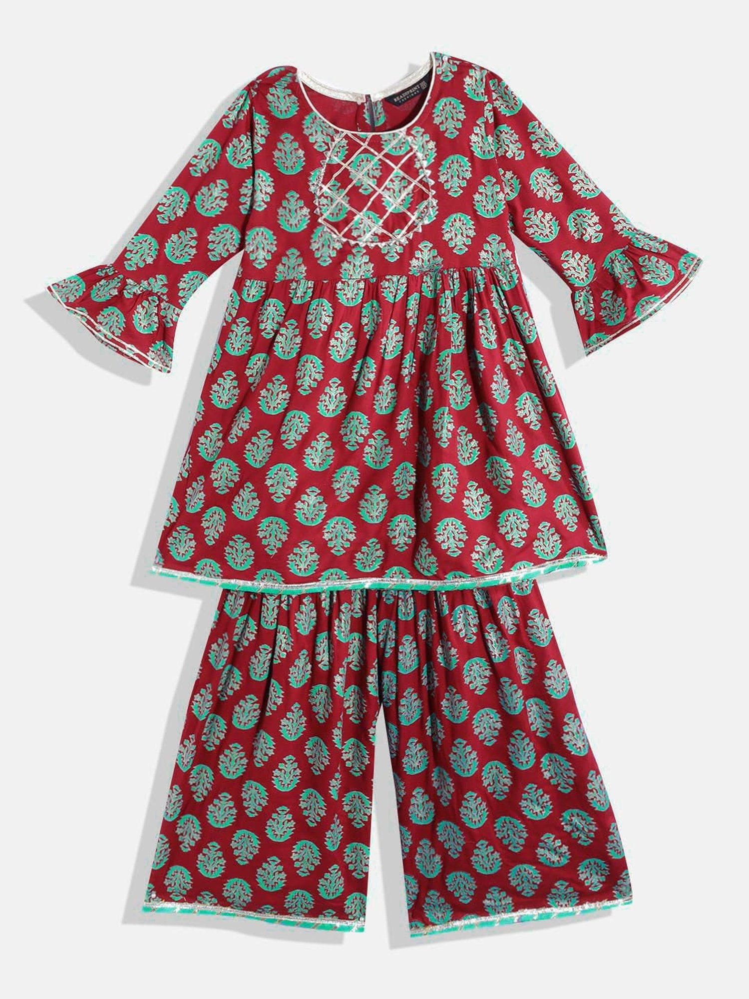 READIPRINT FASHIONS Kids Maroon Floral Print Kurta With Sharara