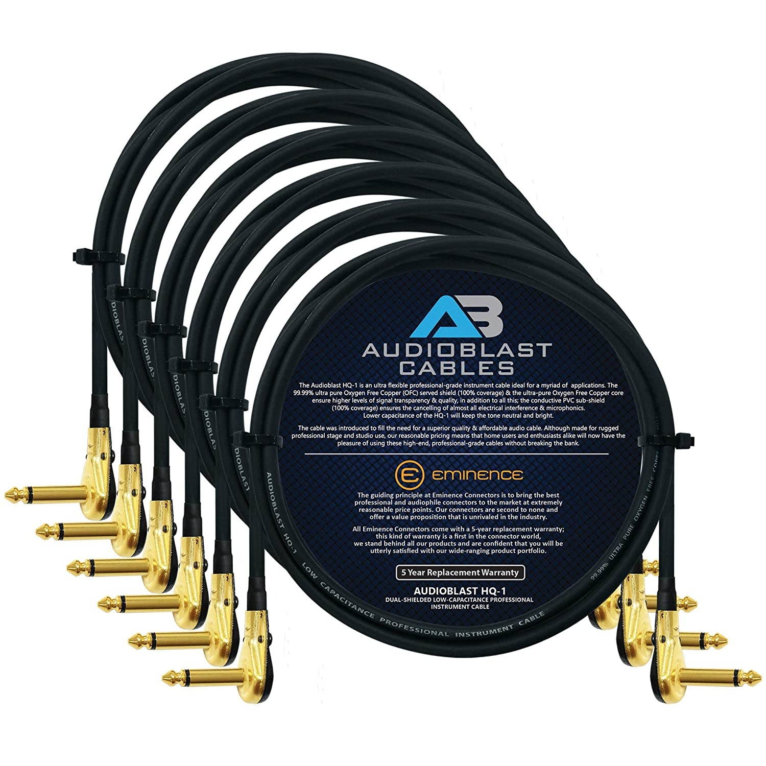 6 Units - 5 Foot - Audioblast - HQ-1 - Ultra Flexible - Dual Shielded (100%) - Instrument Effects Pedal Patch Cable w/Low-Profile, R/A Gold Pancake TS (6.35mm) Plugs & Dual Staggered Boots