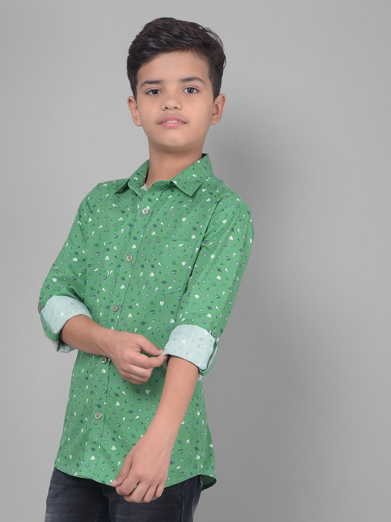 Crimsoune Club Kids Green Printed Full Sleeves Shirt