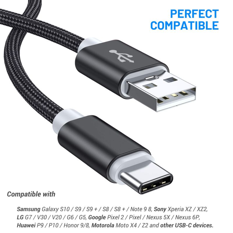 USB Type C Fast Charging Cable, Hannord 4 Pack (0.8/3.3/3.3/6.6FT) Nylon Braided Data Sync Transfer Cord, Compatible with Samsung Galaxy S10 S9 Note 9 8, LG G7 V30 V20 G6, Google Pixel (Black)