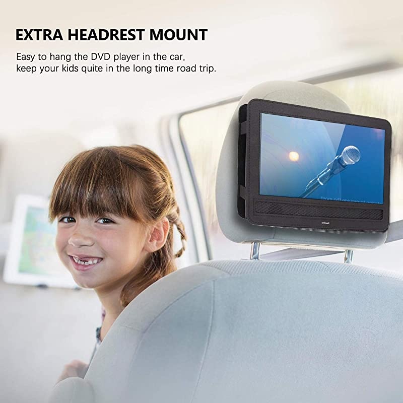 11 Portable DVD Player for Car and Kids with 95 inch HD Swivel Screen 5 Hour Rechargeable Battery Dual Earphone Jack Supports SD CardUSBCDDVD with Extra Headrest Mount Case Black