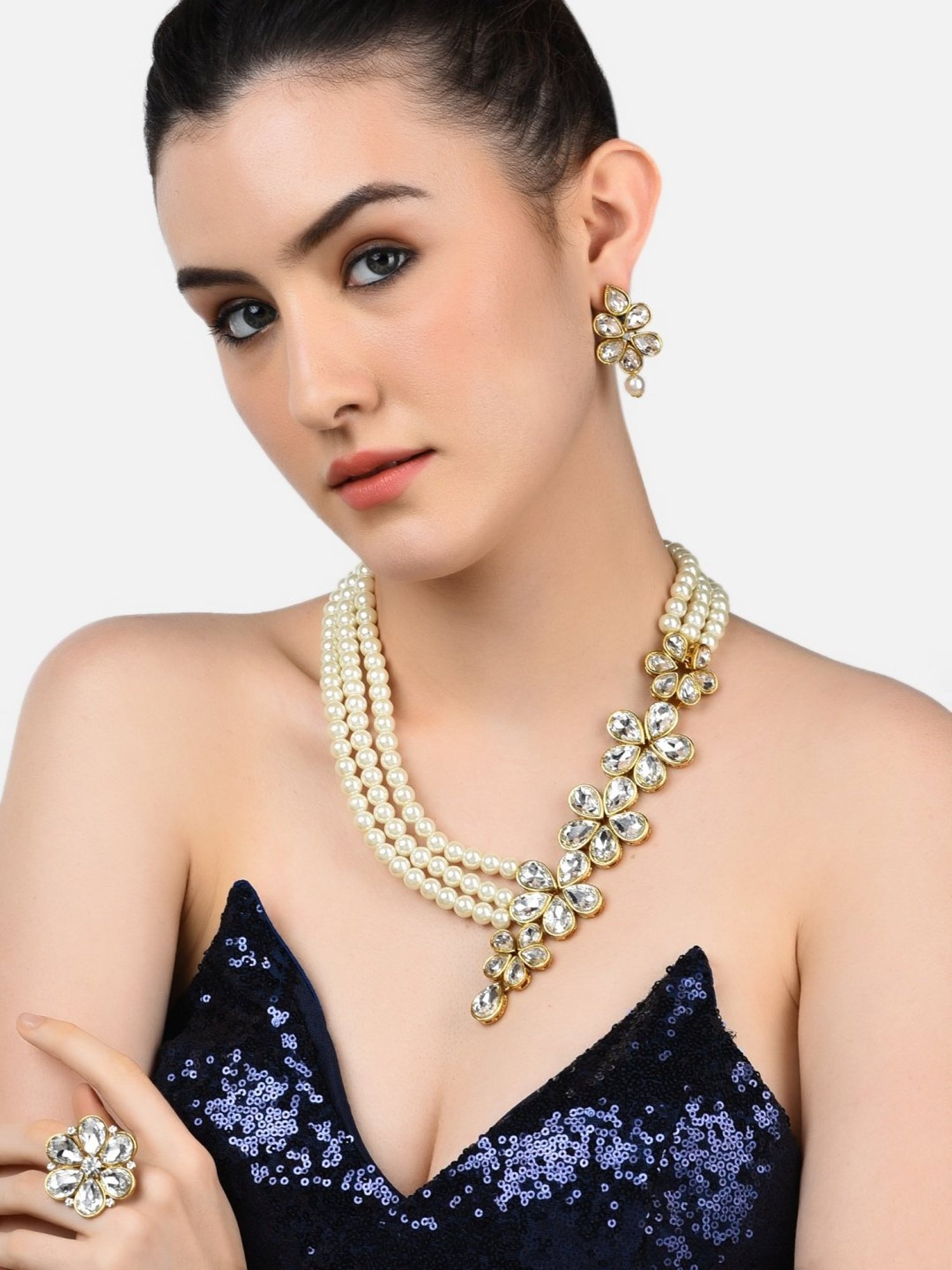 Zaveri Pearls Gold Tone Multistrand Pearls Ethnic Necklace Earring & Ring Set-ZPFK10726