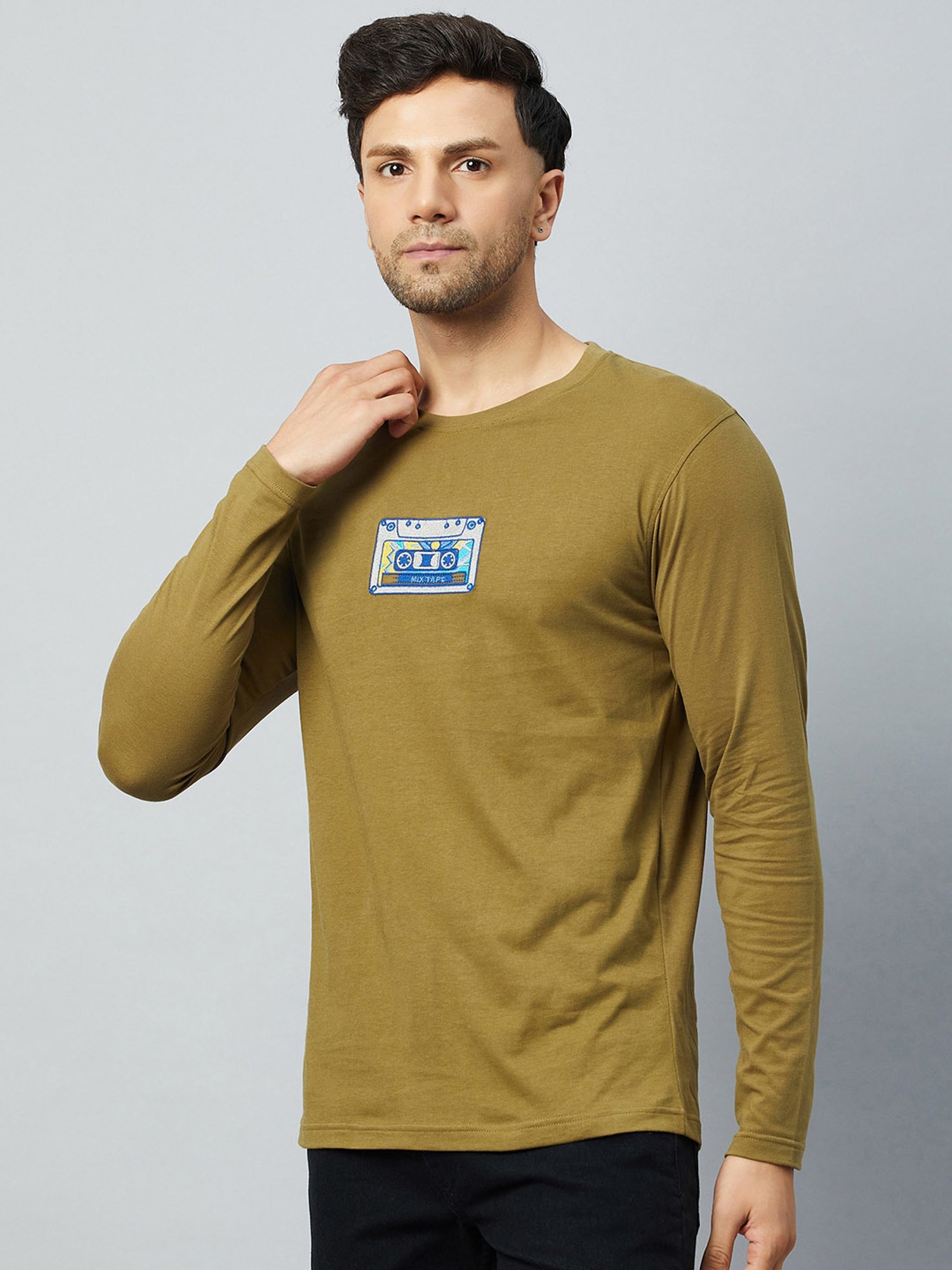 Club York Olive Regular Fit Printed Crew T-Shirt