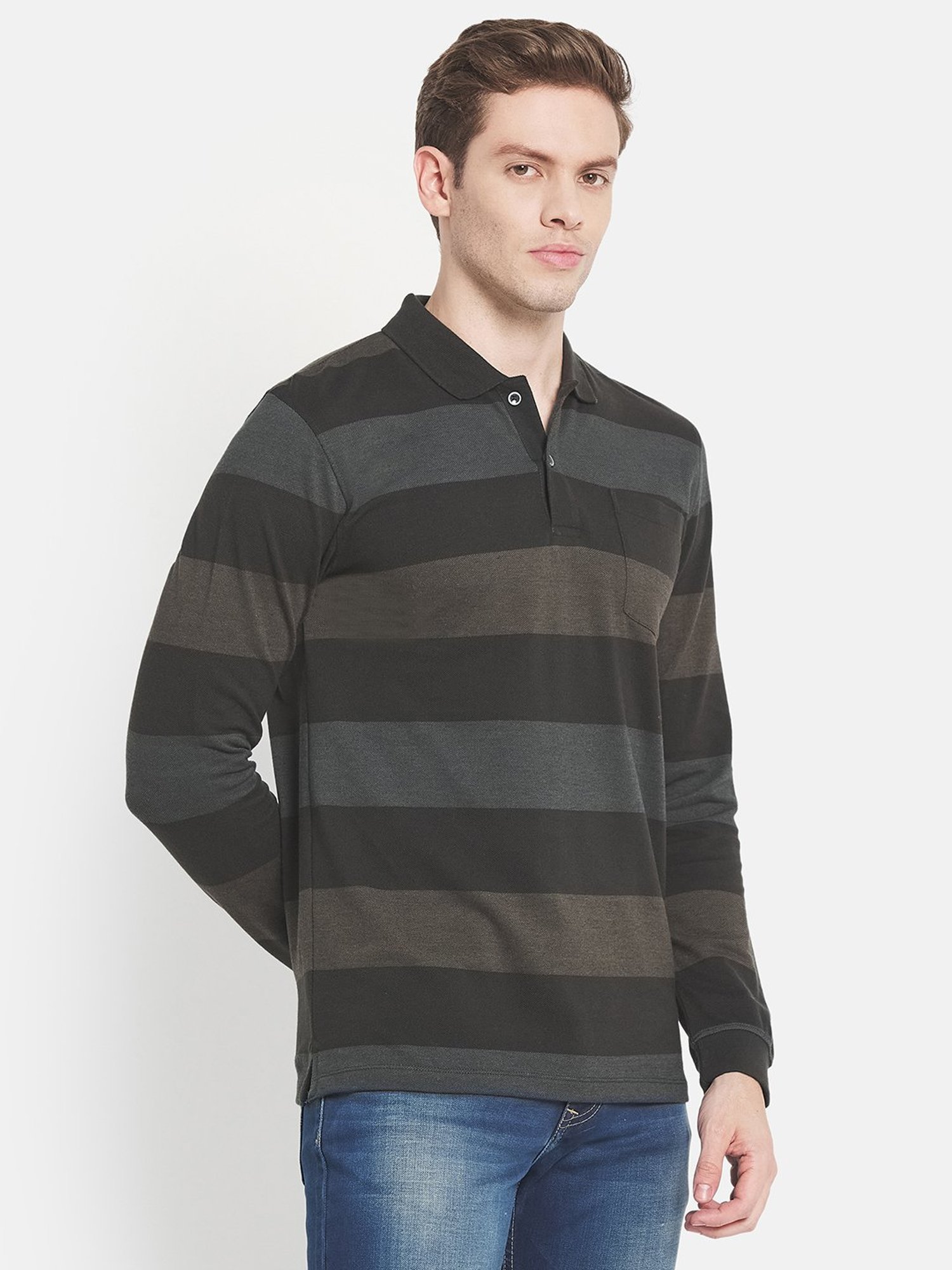 Mettle Olive Cotton Regular Fit Striped Polo T-Shirt
