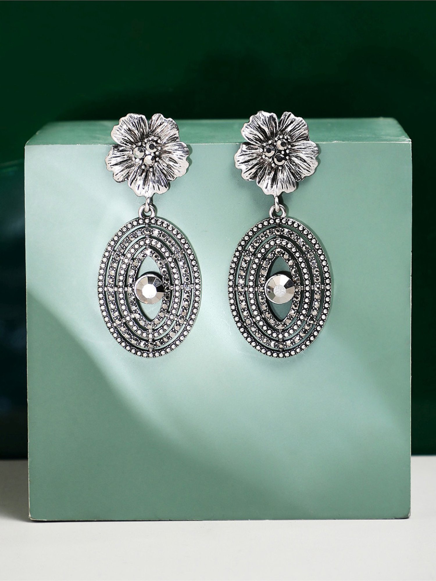 Sohi Circular Lined Daisy Silver Dangler Earrings for Women & Girls
