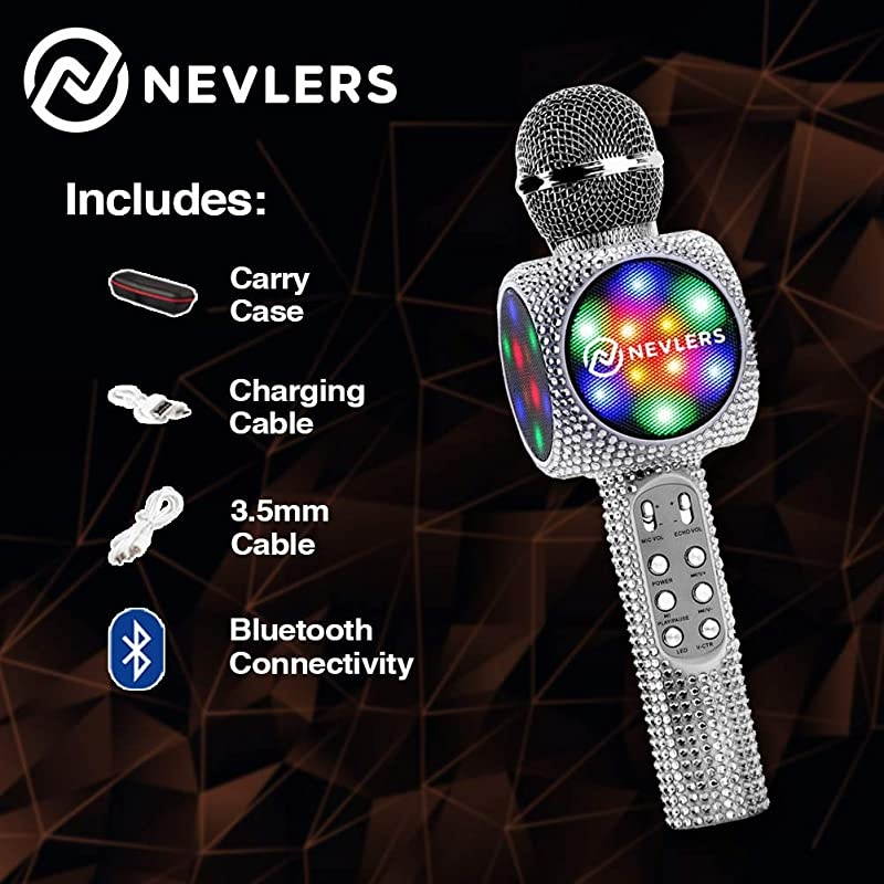 Karaoke Microphone with Wireless Bluetooth Speaker Voice Changer and Colorful LED Lights Easy To Use Portable Karaoke Machine for Kids and Adults SILVER BLING