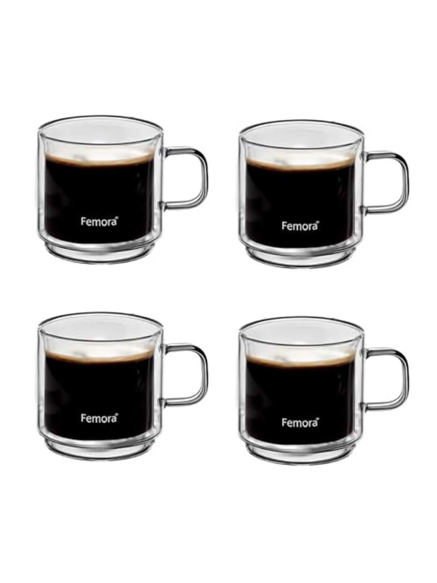 Femora Double Wall Transparent Glass Heat Resistant Coffee Mugs With Handle (0.28 L) - Set of 4