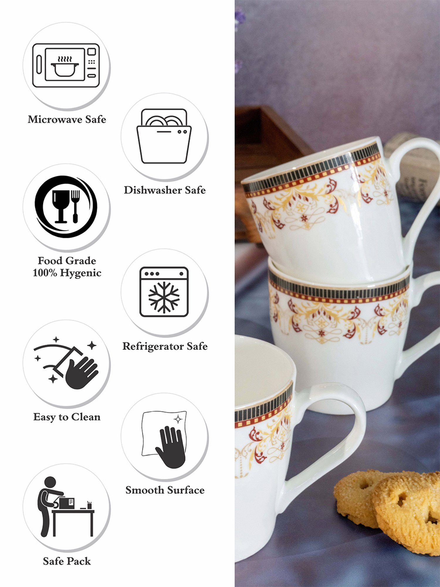 SONAKI Printed White Bone China Coffee Mug - Set of 6 (180ml)