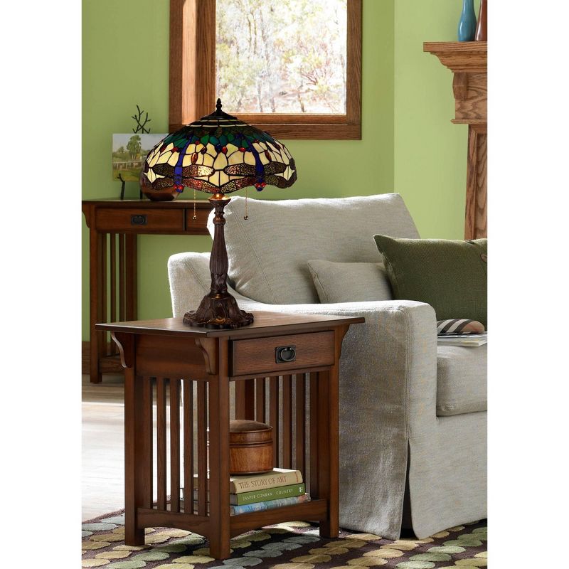 Robert Louis Tiffany Traditional Table Lamp Bronze Tree Motif Dragonfly Art Glass Shade for Living Room Family Bedroom Bedside