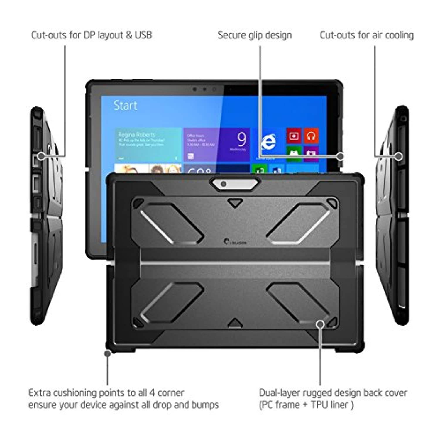 The New Surface Pro 2017 Case, Heavy Duty i-Blason Armorbox Dual Layer Hybrid Full-Body Protective Kickstand Case Compatible with Microsoft Surface Pro 4 2015 NO Built in Screen Protector (Black)