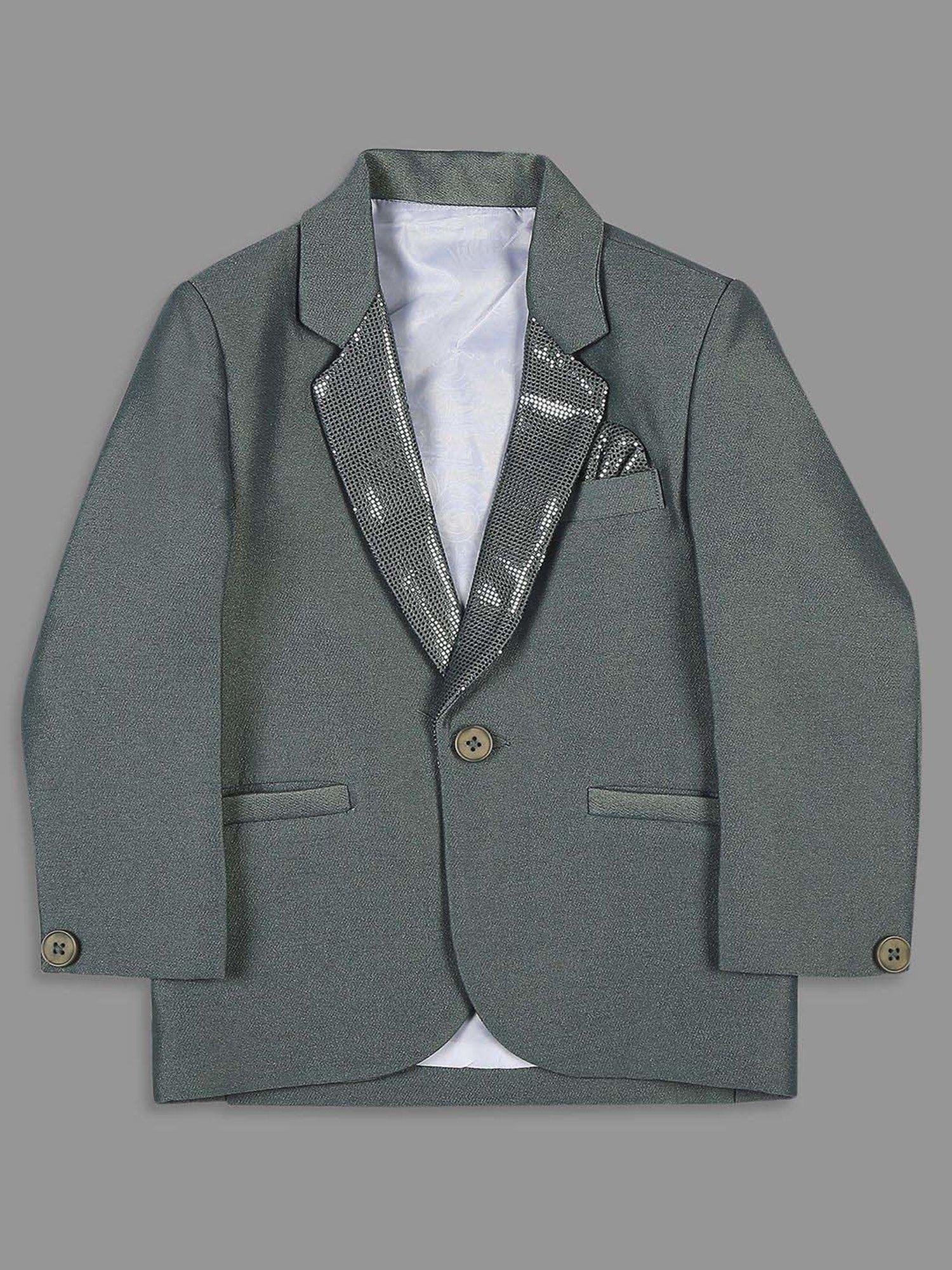 Kids Island Boys Green & White Self Full Sleeves Suit Set