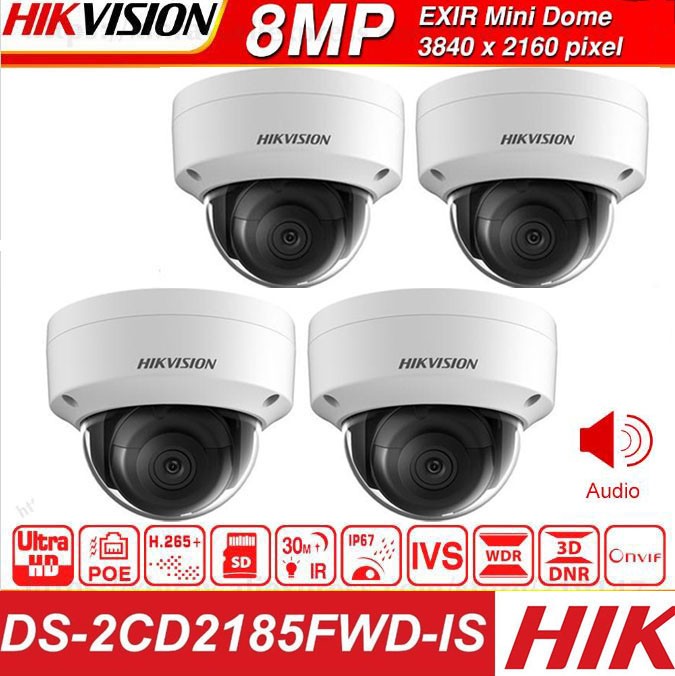 Hikvision New Original English version Dome IP POE DS-2CD2185FWD-IS 8MP Outdoor H.265 Updatable CCTV Camera With Audio and Alarm Interface security Camera, (8MP, 2.8 Fixed Lens, 2Pcs)