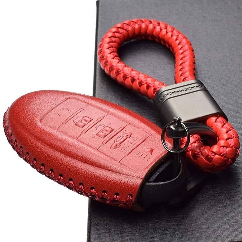 Leather Keyless Entry Remote Control Smart Key Case Cover with a Key Chain for Nissan Infiniti 5 Buttons Red