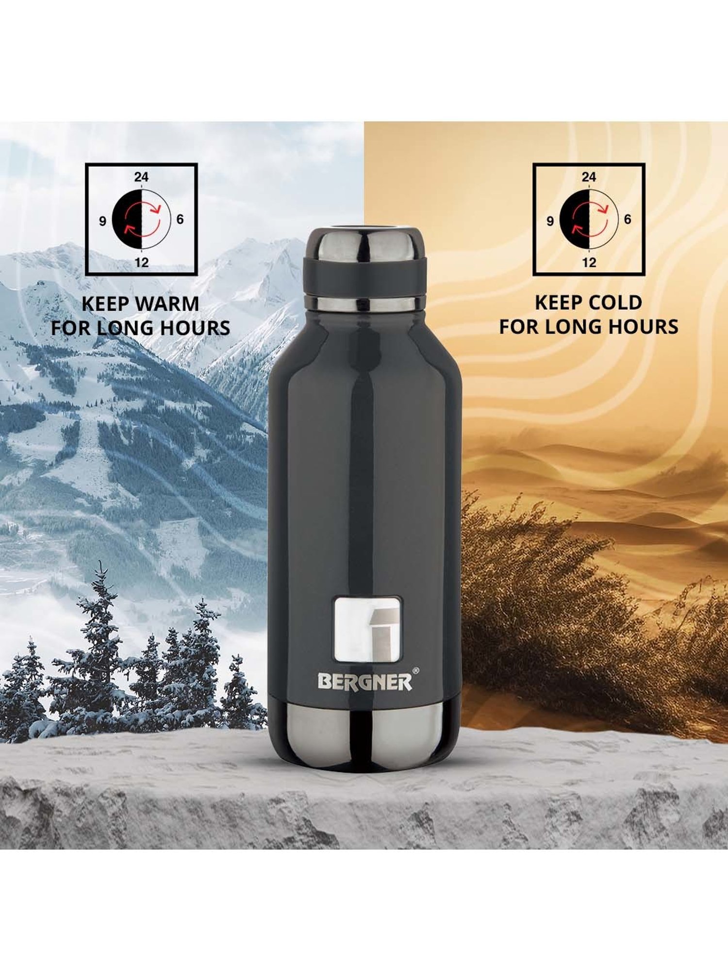 Bergner Walking Black Stainless Steel Thermosteel Hot and Cold Bottle (0.5 L)