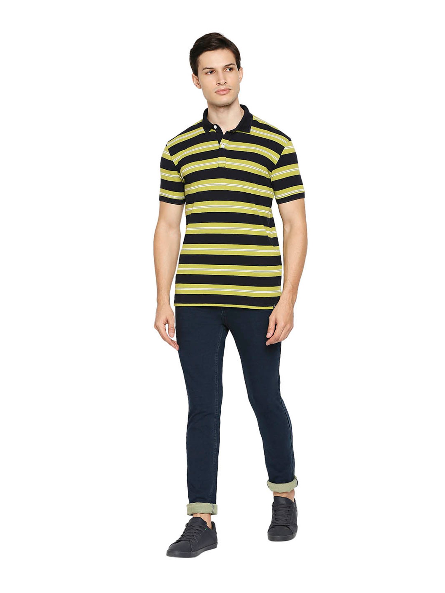 Mufti Lime Green & Navy Blue Striped Polo T-Shirt