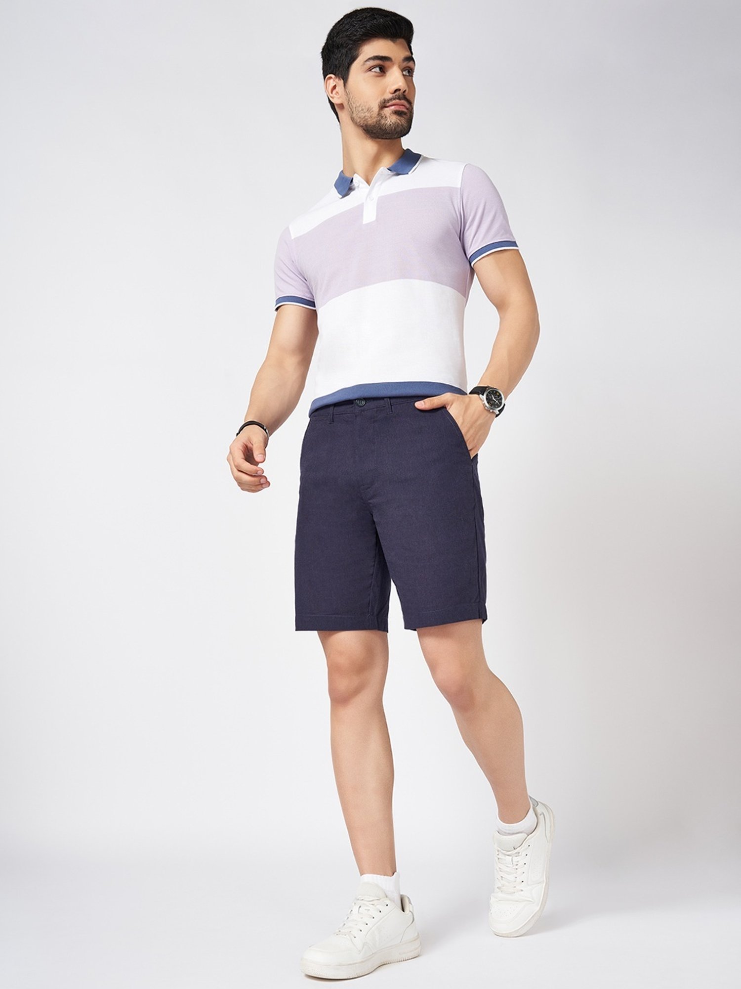 Byford By Pantaloons Navy Cotton Slim Fit Texture Shorts