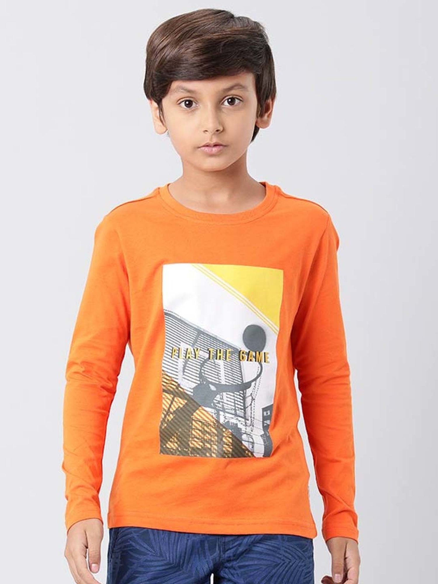 Indian Terrain Kids Orange Cotton Printed Full Sleeves T-Shirt