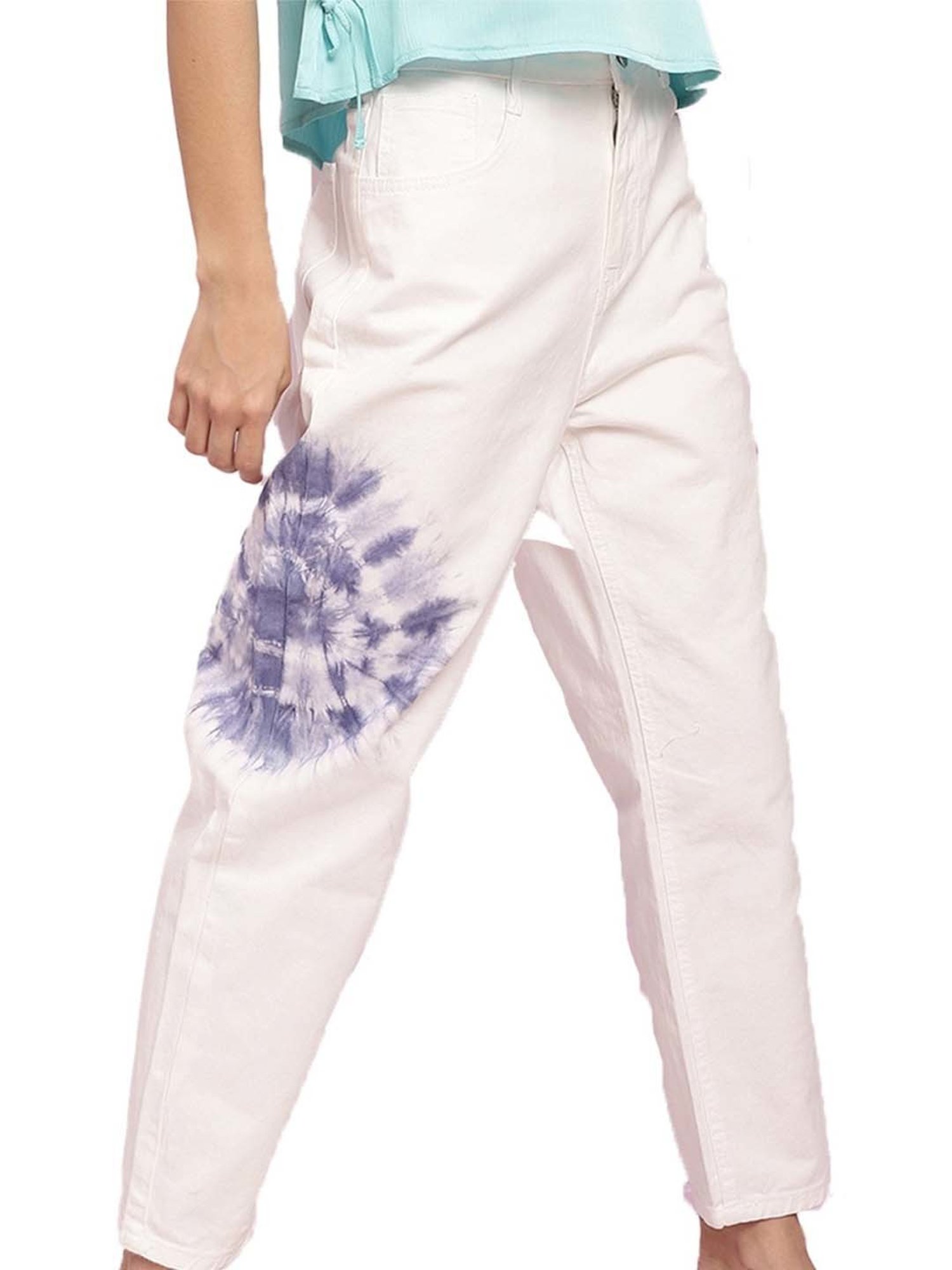 KENDALL + KYLIE White Cotton Printed Mid Rise Jeans