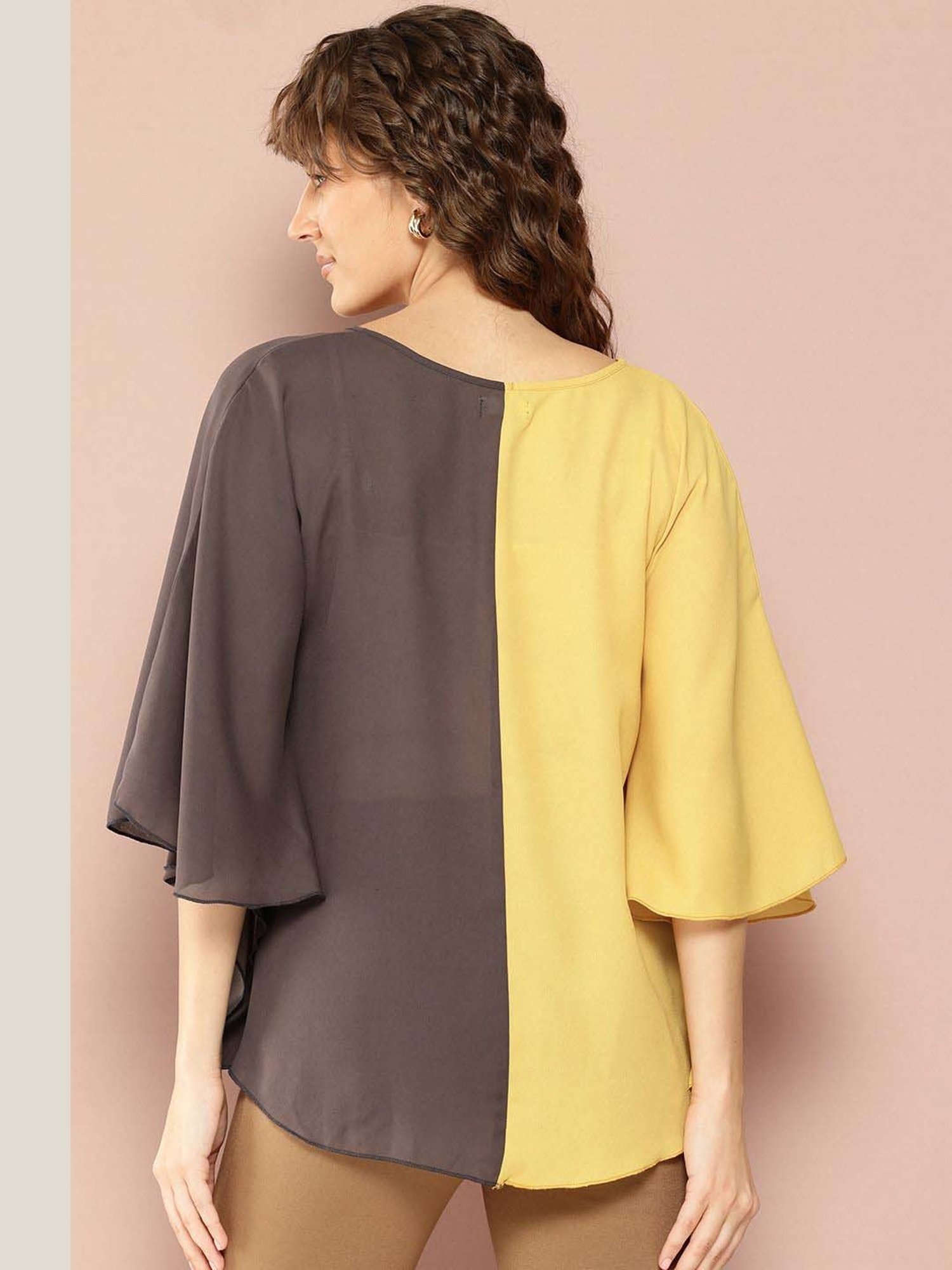 Qurvii Yellow & Brown Color-Block Top