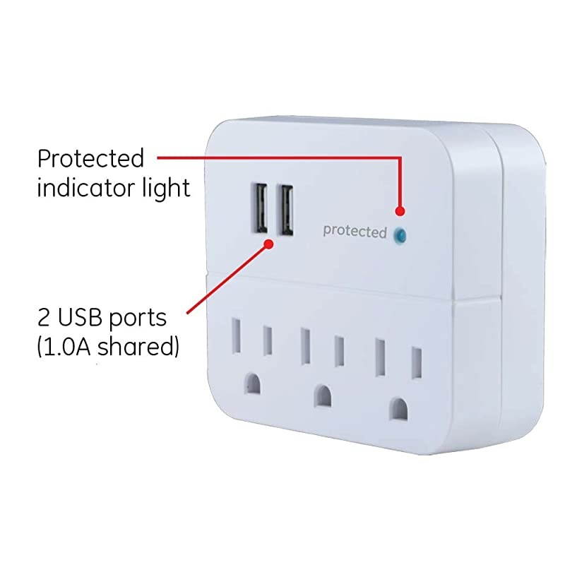 Sur Protector Wall Tap Charging Station 3 Outlets 2 USB Charr Ports 3 Prong Power Outlet Extender Blue LED Protected Indicator Light 560 Joules Warranty UL Listed White 14512