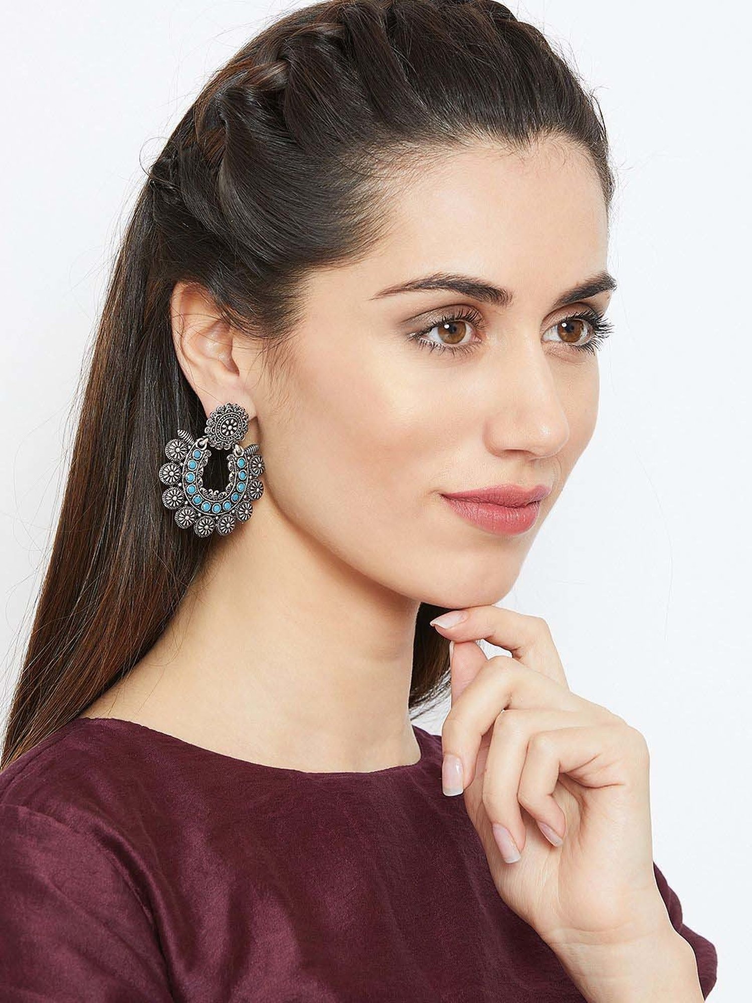 Panash Silver-Plated and Turquoise Oxidised Chand Bali Earrings