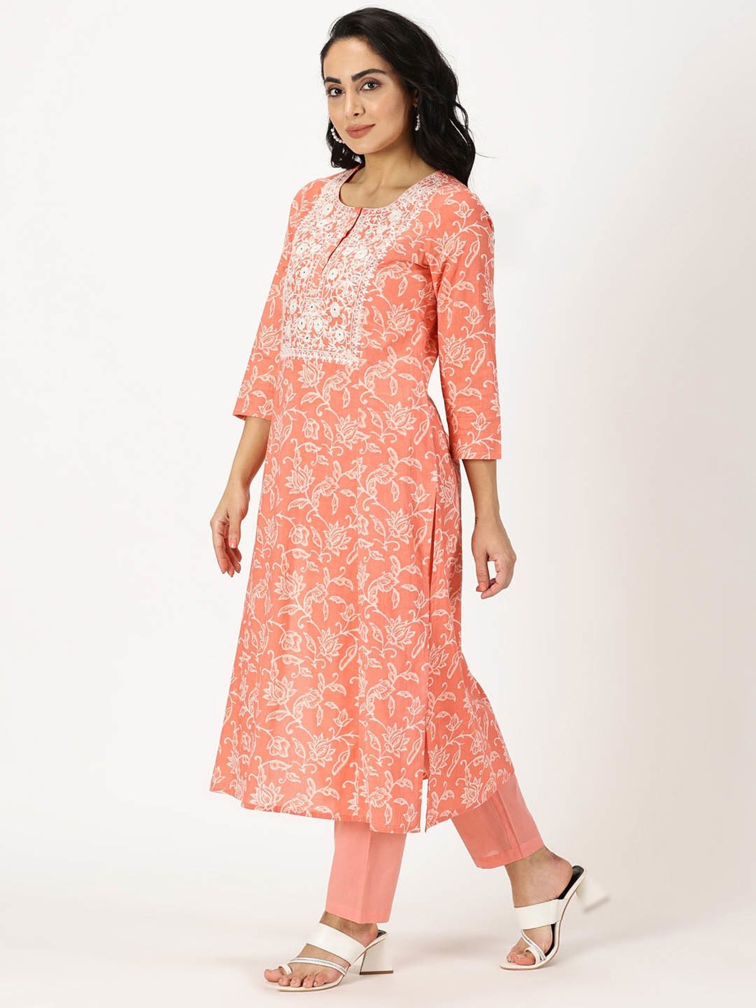 Saffron Threads Coral Cotton Floral Print Straight Kurta