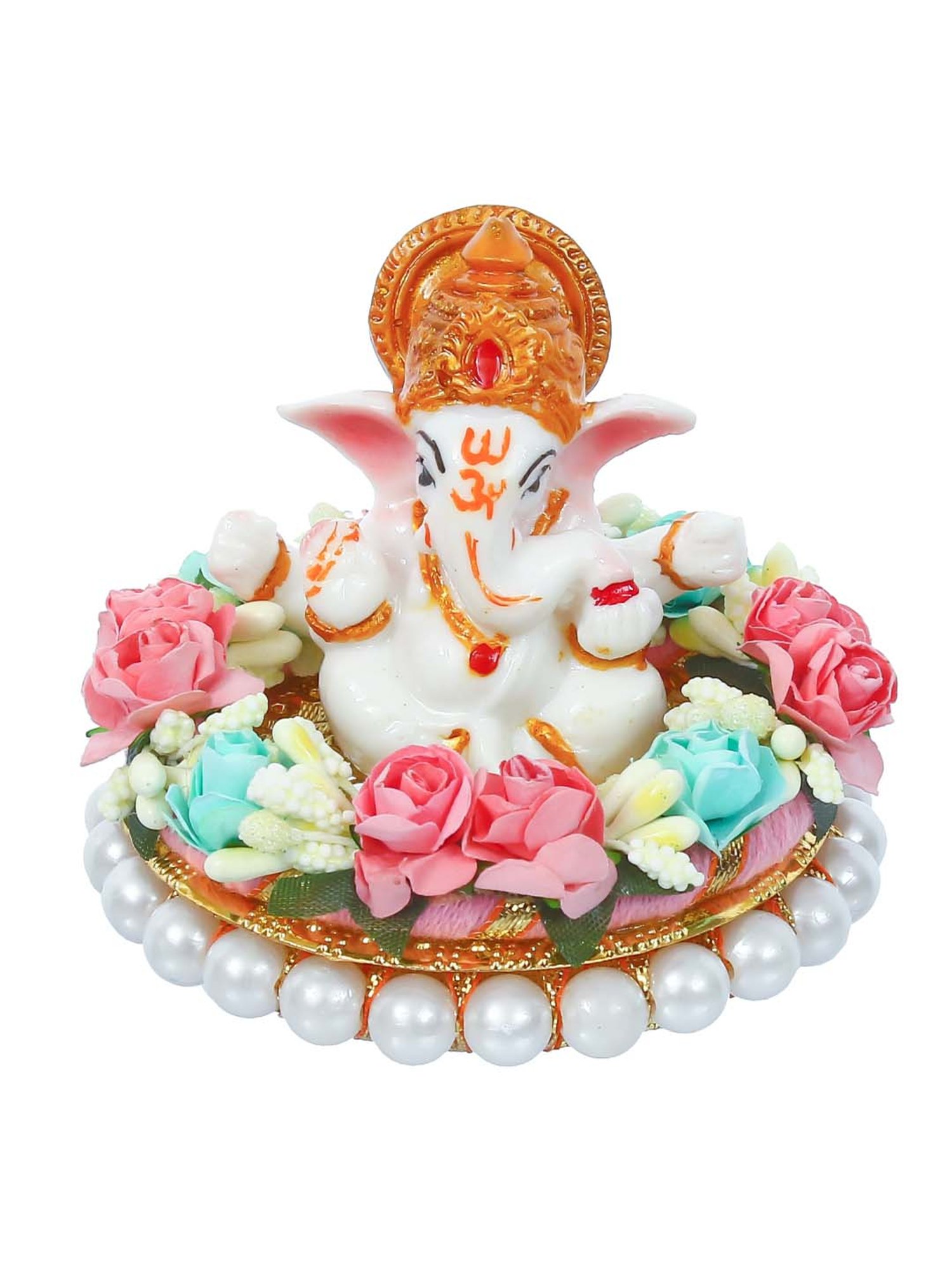 eCraftIndia Lord Ganesha Idol on Decorative Handcrafted Plate with Colorful Flowers