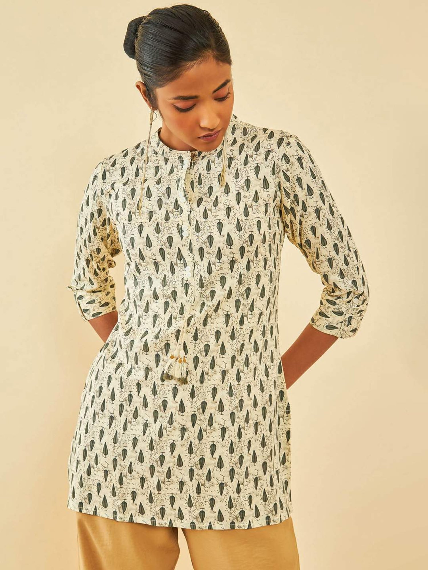 Soch Cream Rayon Botanical Printed Tunic With Tassels