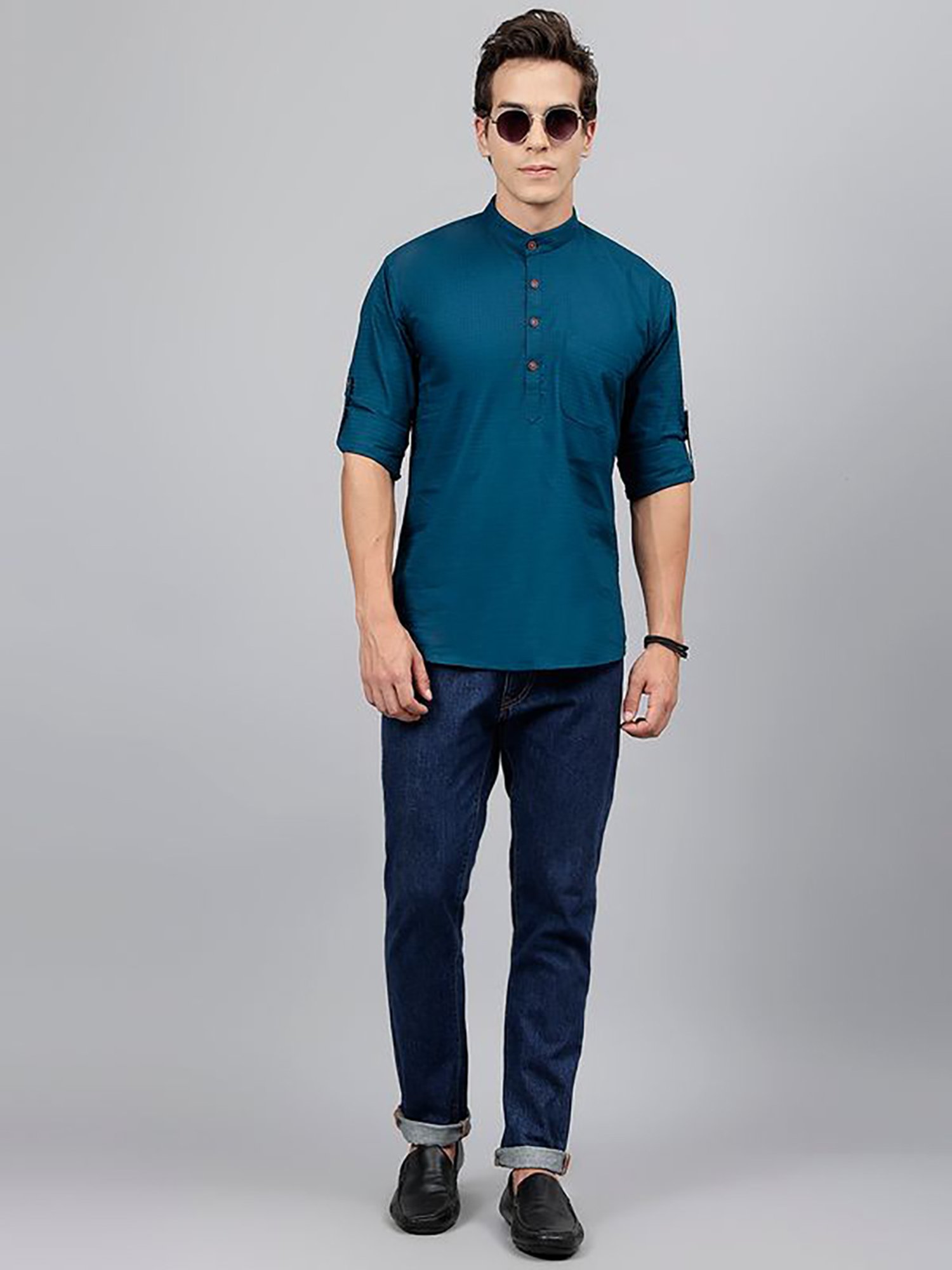 Hancock Turquoise Cotton Regular Fit Solid Kurtas