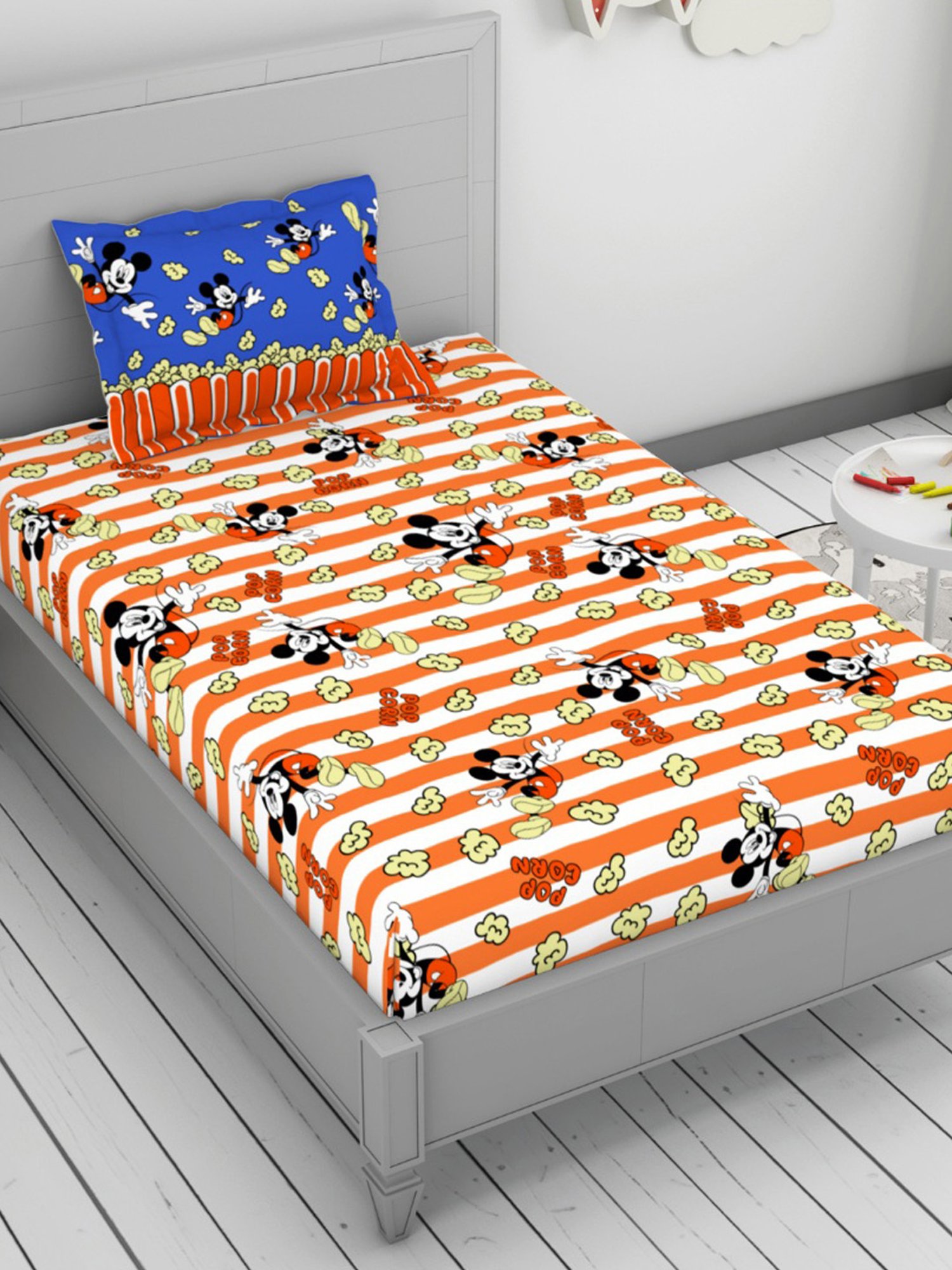 Welspun Disney Mickey Printed Orange 144 TC Cotton Single Bedsheet With 1 Pillow Covers