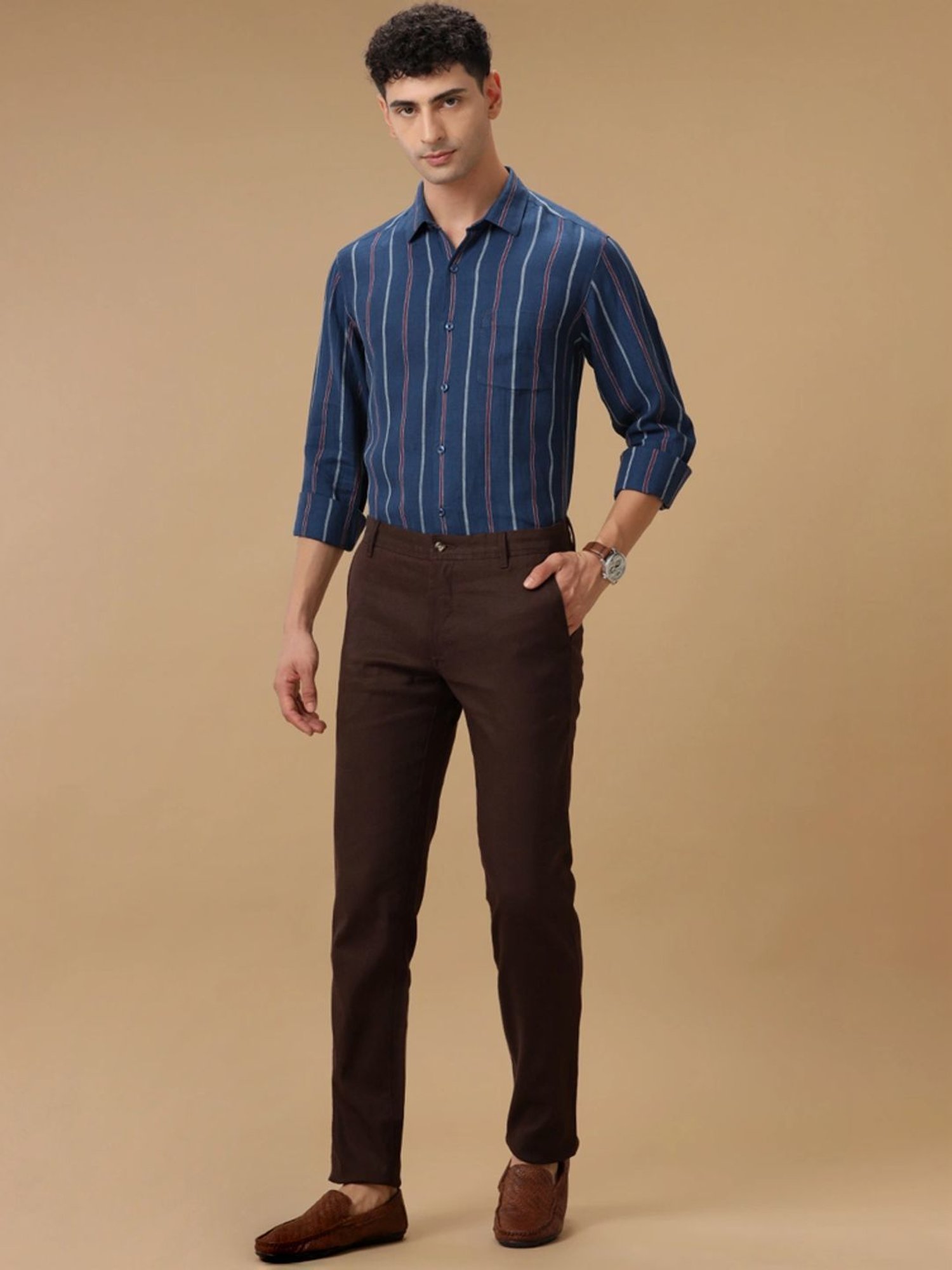 Linen Club Navy Linen Contemporary Fit Striped Shirt