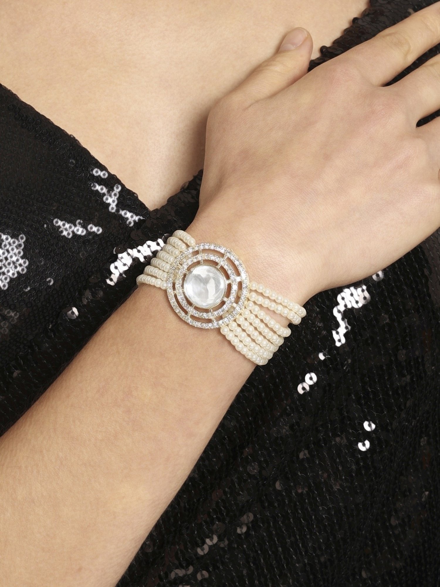 Zaveri Pearls Gold Tone Dazzling Austrian Diamonds Multistrand Pearls Bracelet-ZPFK16599