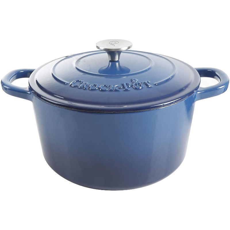 Crock-Pot 5 Quart Capacity Round Enamel Cast Iron Covered Dutch Oven Food Cooker Kitchen Cookware with Matching Self Basting Lid, Blue
