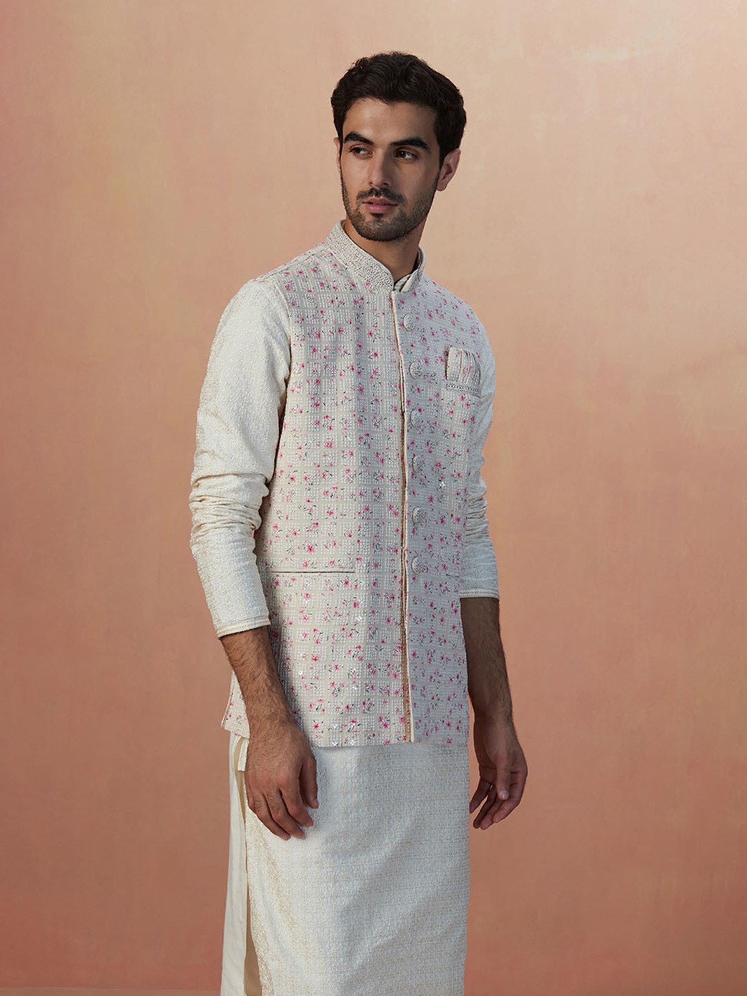 Manyavar Beige Regular Fit Self Design Nehru Jacket