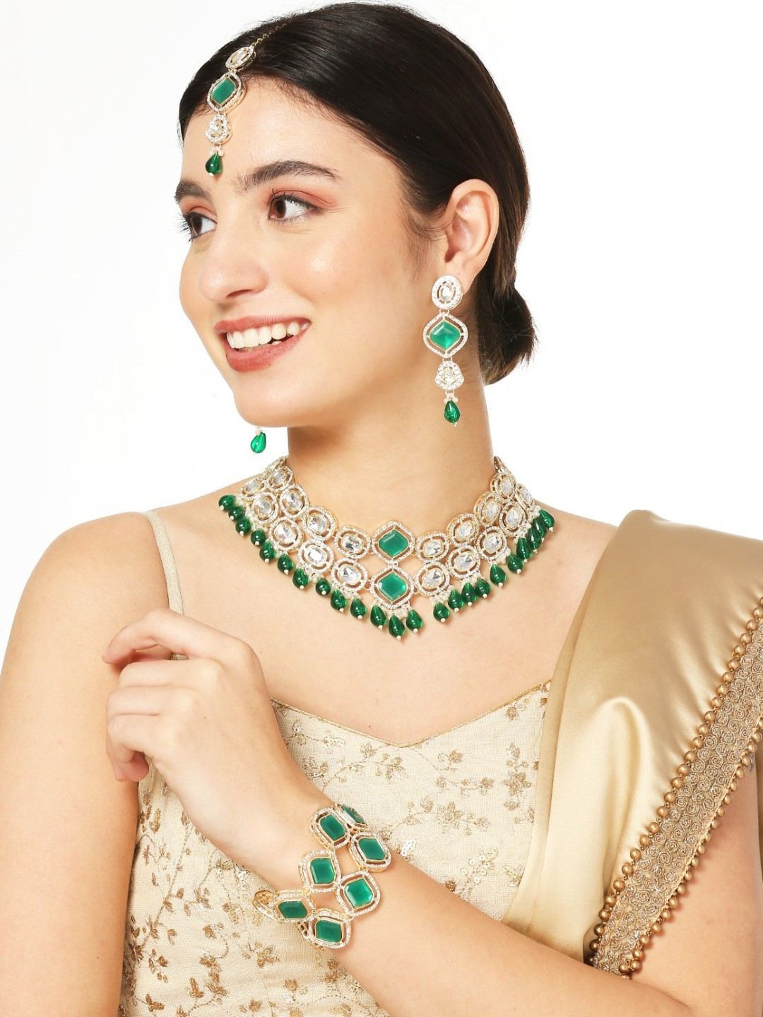 OOMPH Green Kundan Ethnic Choker &  Bracelet Set