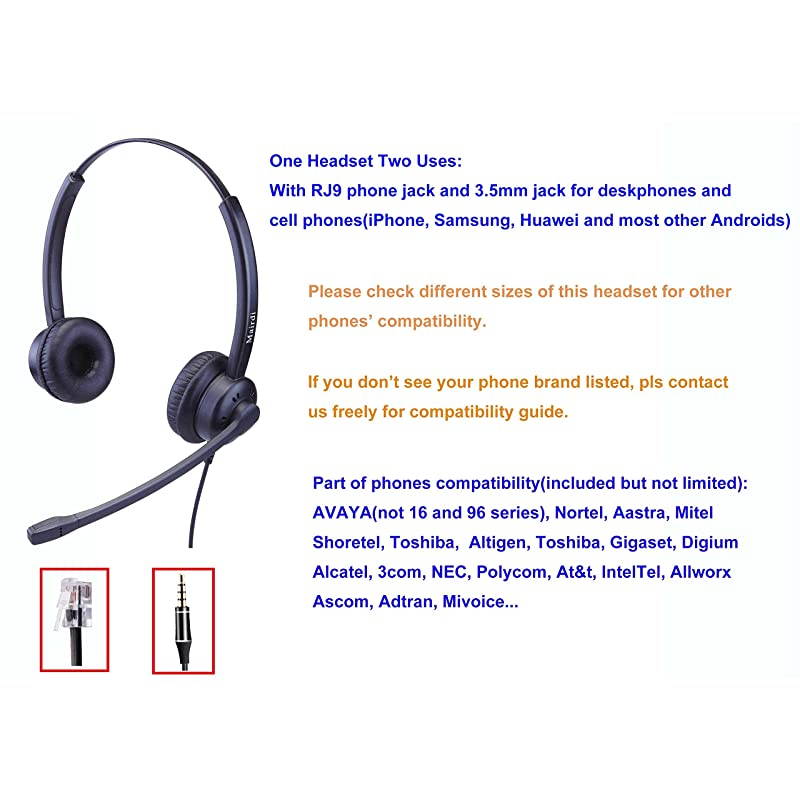 Headset with RJ9 Jack and Noise Cancelling Microphone for Call Centers Offices with Two Connectors RJ9 and 35mm Compatible with Avaya Nortel Aastra Toshiba Jabra